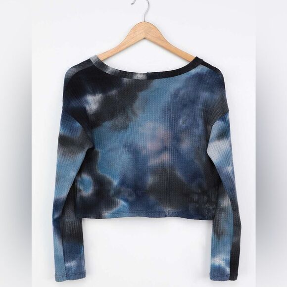 Sage the Label Anthropologie Navy Blue Tie-Dye Waffle Knit Cardigan size medium - Picture 4 of 10